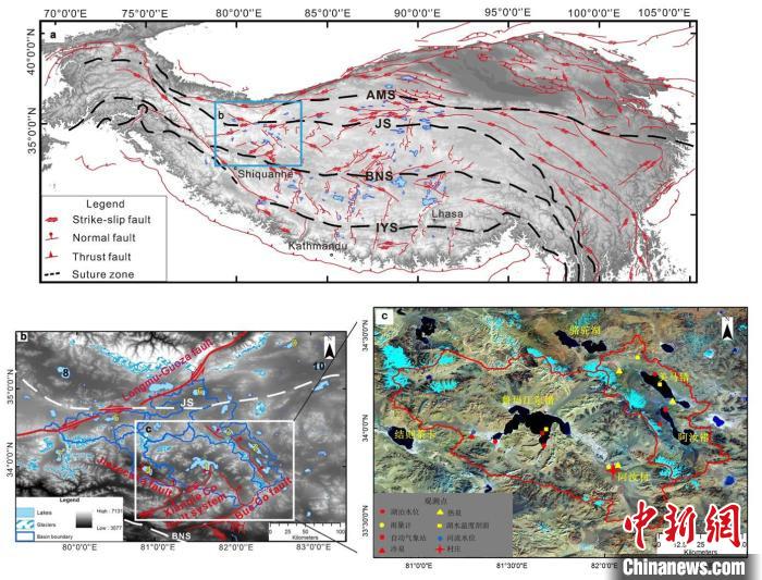 青藏高原研究區(qū)域地質(zhì)構(gòu)造圖和湖泊水量平衡觀測(cè)點(diǎn)位置?！≈锌圃呵嗖馗咴?供圖